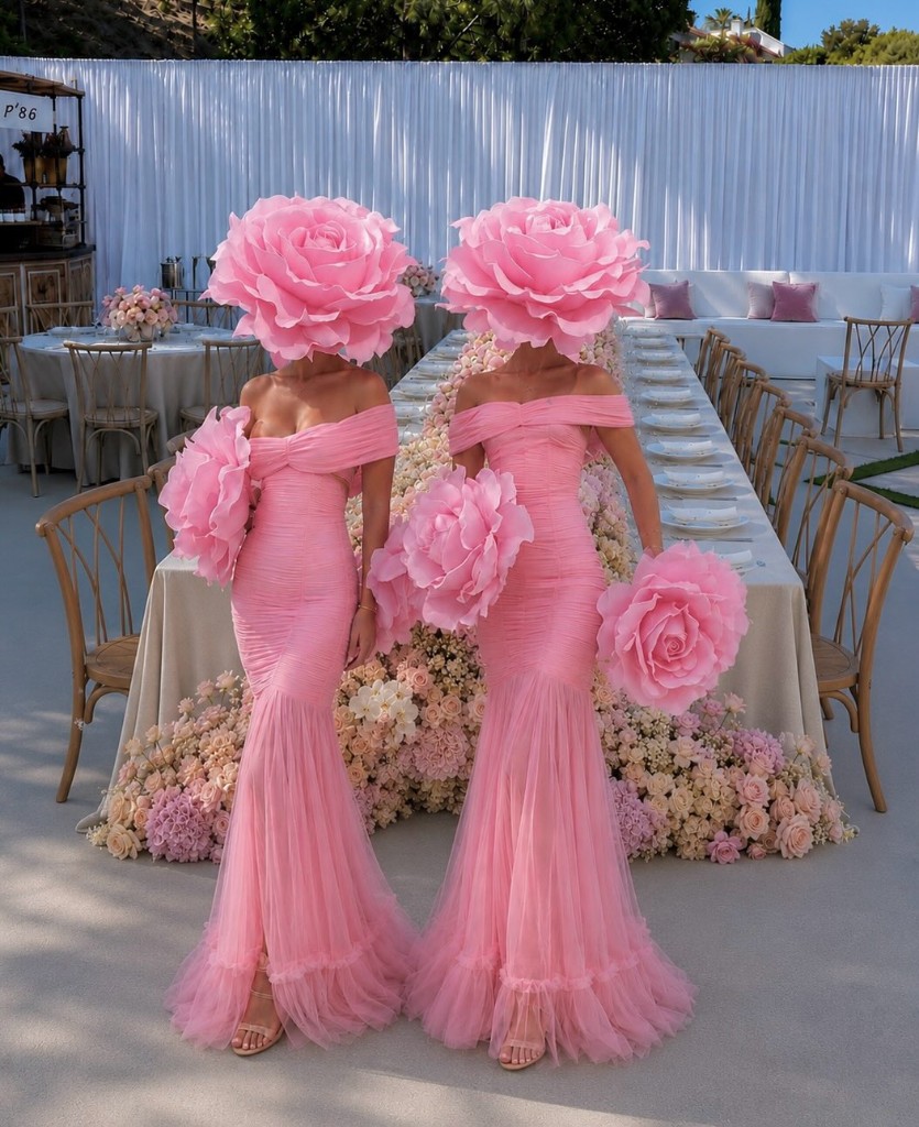 Two performers in pink gowns with oversized rose headpieces at a floral banquet