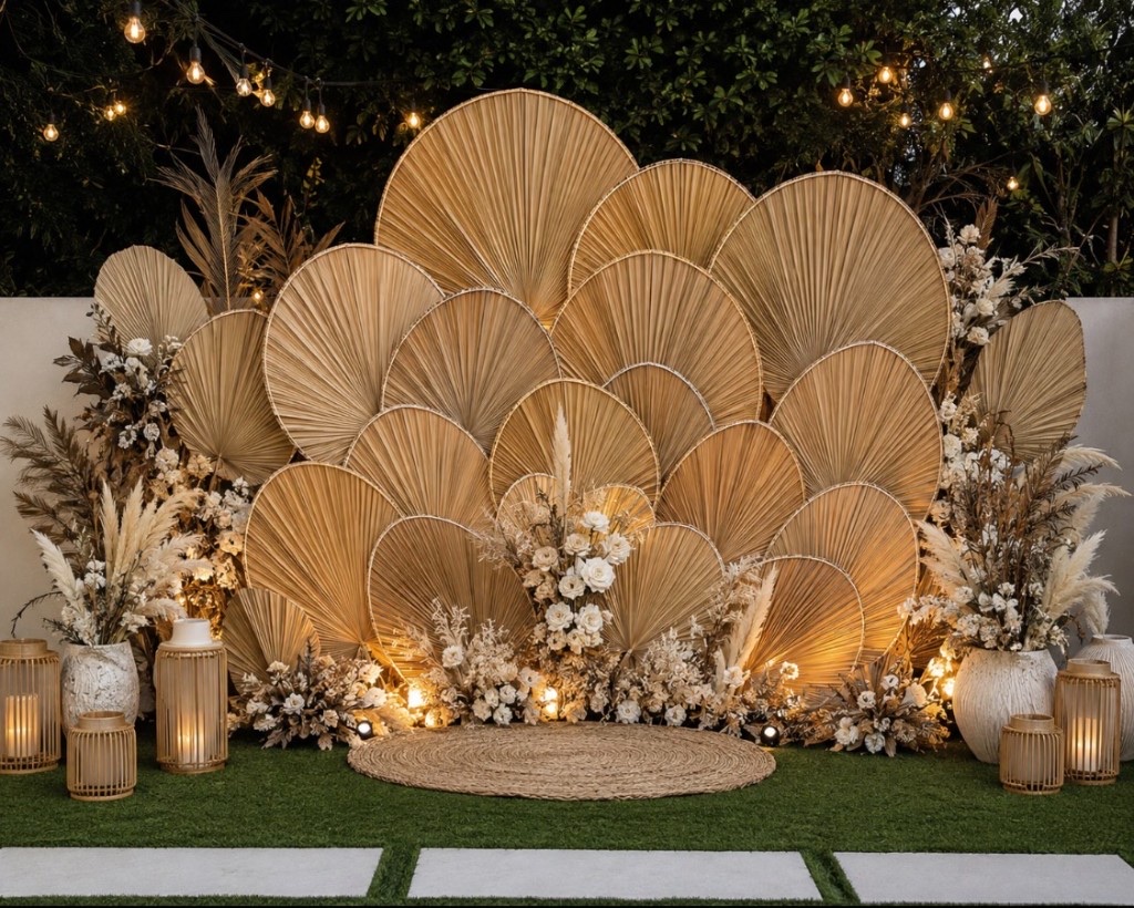 Bohemian palm-frond backdrop with white florals, pampas grass, and warm lantern lighting