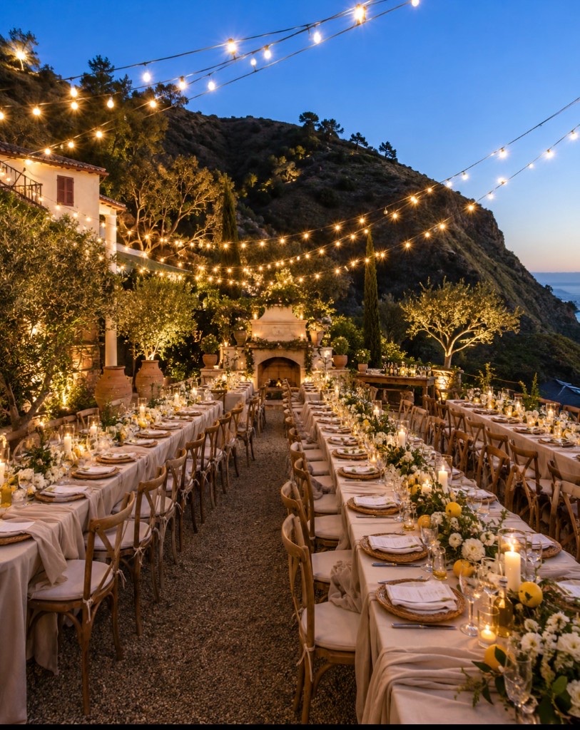 Twilight outdoor dining tables with string lights, candles, florals, and lemon décor