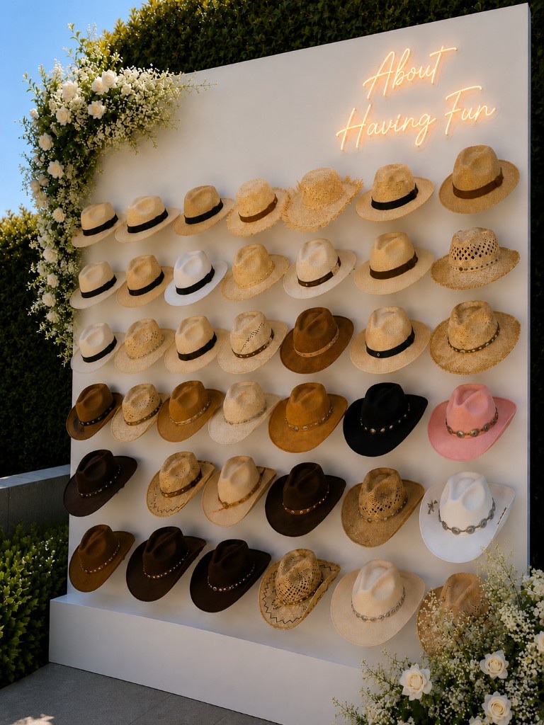 Hat wall display with white florals and an About Having Fun neon sign