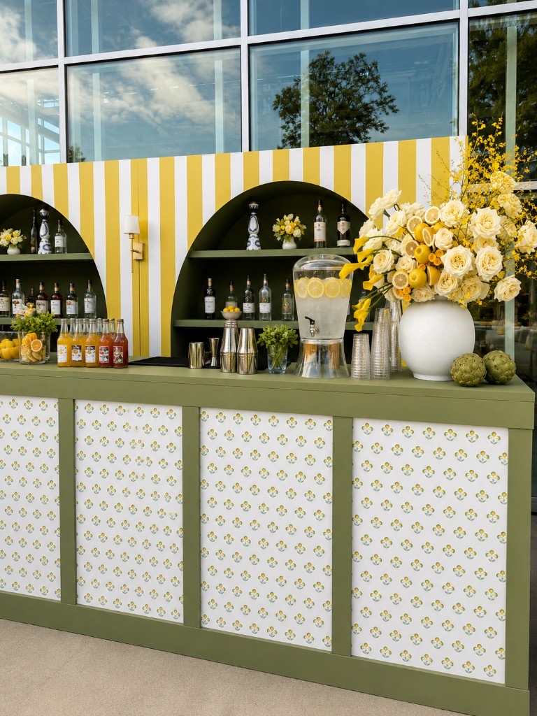 Citrus-themed olive and yellow outdoor bar with arched back-bar and lemon florals